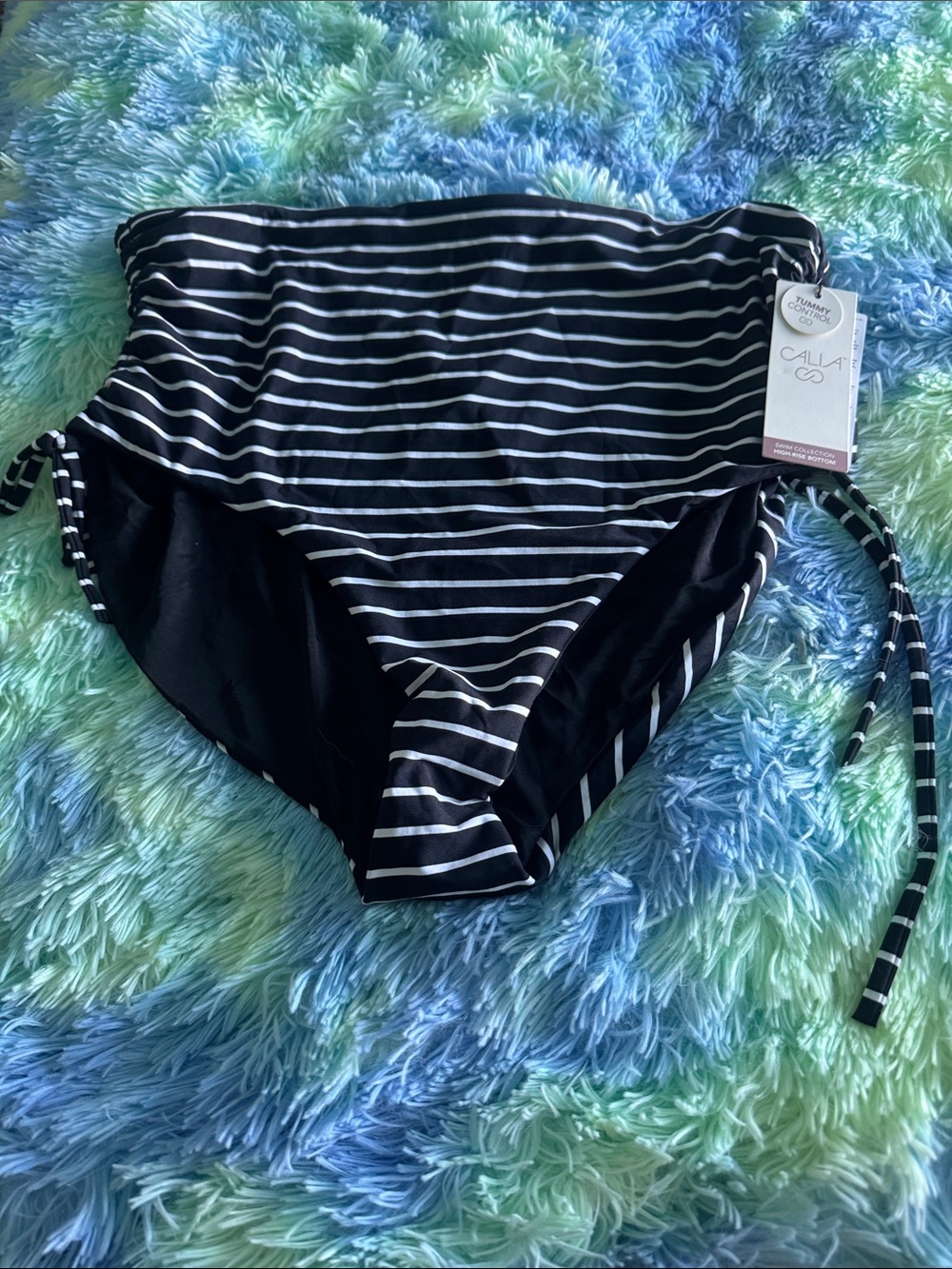 CALIA Black & White Striped Ruched Side Tie High Rise Bikini Bottoms